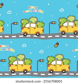 Seamless pattern of cute crocodile stay on pickup truck car with have a wonderful day text.Cloud and rainbow star sky background.Vehicle.Reptile animal character cartoon.Kawaii