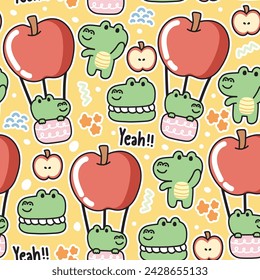 Seamless pattern of cute crocodile in various character cartoon background.Crocodile stay on apple balloon.Macaron,star,fruit hand drawn.Reptile animal.Kawaii.Vector.Illustration.