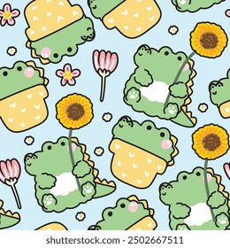 Seamless pattern of cute crocodile with various flower background.Plant pot.Floral.Nature.Reptile animal character cartoon design.Kawaii.Vector.Illustration.