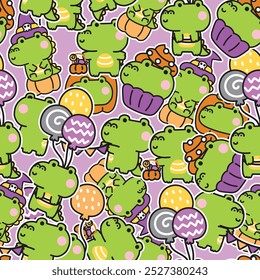 Seamless pattern of cute crocodile various poses sticker background.Pumpkin,balloon,cupcake,witch hand drawn.Animal character cartoon.Kawaii.Vector.Illustration.