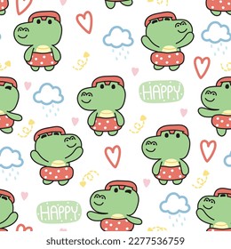 Patrón sin fisuras de cocodrilo adorable usa traje de baño y anillo de natación en fondo blanco.Concepto de verano.Nube, lluvia, corazón, flecha, dibujado con mano de palabra feliz.Diseño divertido de caricaturas.Vector.Ilustración.