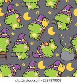 Seamless pattern of cute crocodile witch various poses night background.Moon and star.Broom,poison,magic hand drawn.Animal character cartoon.Kawaii.Vector.Illustration.