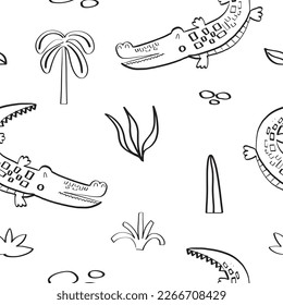 Seamless pattern with cute crocodiles and africa nature elements in doodle style. Vector illustration for your design
