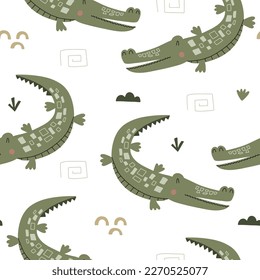 Seamless pattern with cute crocodiles and africa nature elements. Vector illustration for your design