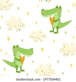 Seamless pattern with cute crocodiles, air clouds and hearts.