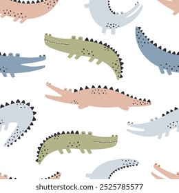 Seamless pattern with cute crocodiles. Pattern for baby clothes, fabric, notebook cover and packaging. Colorful crocodiles in different poses.