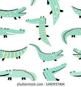 Seamless pattern with cute crocodiles. Children vector background. Green cartoon crocodiles. Suitable for printing on takani, textale, paper, clothes, wallpaper.