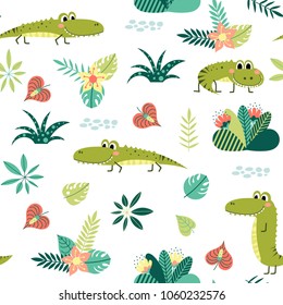 Seamless pattern with cute crocodiles and plants on a white background. Children vector background.