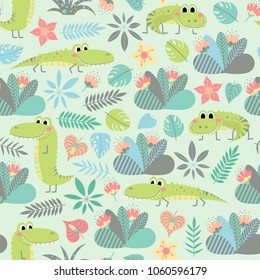 Seamless pattern with cute crocodiles and plants in cartoon style. Children vector background.