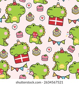 Seamless pattern of cute crocodiles in various poses and feeling celebrated party background.Birthday gift.Reptile animal character cartoon design.Kawaii.Vector.Illustration.