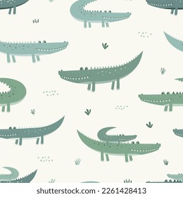 Seamless pattern with cute crocodiles. Vector illustration. Can be used for for nursery posters, patterns, wallpapers.