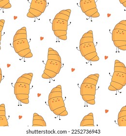 Seamless pattern with cute croissant characters with face with different emotions, hands and legs. Funny, happy cartoon mascot. Vector flat illustration