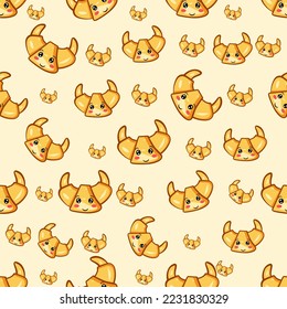 Seamless pattern of cute croissant. Emotion croissant background. Flat vector illustration.