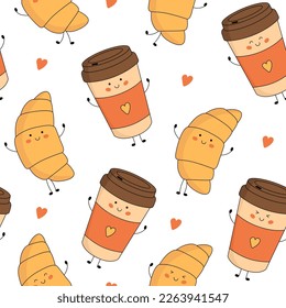 Patrón inmaculado con croissant lindo y personajes de taza de café de papel con cara sonriente, manos y piernas. Graciosa, feliz mascota de dibujos animados. Ilustración plana del vector