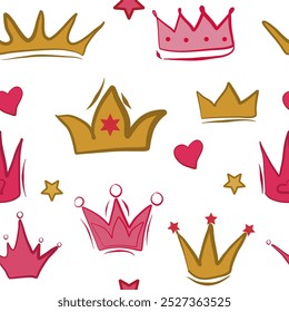 Seamless pattern with cute crowns, stars, hearts. Vector children's illustration. Suitable for background, printing on fabric, wallpaper, wrapping paper.