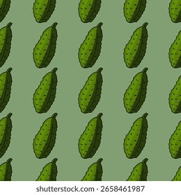 Seamless pattern in cute cucumbers on cold green background. Vector image.