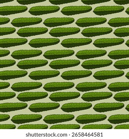 Seamless pattern in cute cucumbers on light green background. Vector image.