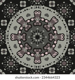 Seamless Pattern. Cute cuddly bear. Dark gray and Almond Green color. Vector.