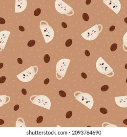 Seamless pattern of cute cup and coffee gain in cartoon style. Flat vector in brown color palette.