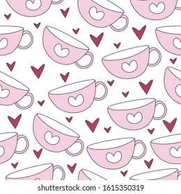 The seamless pattern of cute cup and heart on the white background.design for Valentine's card and love.