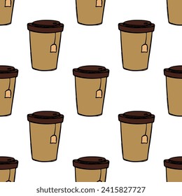 Seamless pattern with cute cup of tea or coffee doodle for decorative print, wrapping paper, greeting cards, wallpaper and fabric