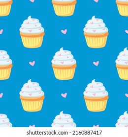 Seamless pattern of cute cupcake with blue creame, pink hearts in cupcake paper. Cream pastries with powder. Cute sugar desserts. Bakery shop, sweet products, cooking. Hand drawn flat vector cupcake.