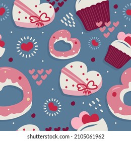 Seamless pattern cute cupcake, donut heart and cookies. Happy valentine's day. Vector illustration.