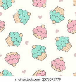 Seamless pattern with cute cupcake. Use for prints, textiles, fabric, wallpaper, stationery, nursery, wrapping paper, etc. Vector bakery background