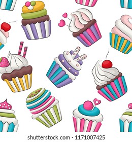 Seamless pattern with cute cupcakes.  Colorful girly decor repeat background. Vector illustration.