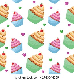 Nahtloses Muster mit süßen Cupcakes.   
Cupcake-Design-Muster. Vektorgrafik