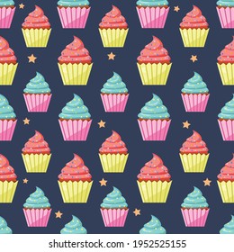 Seamless pattern with cute cupcakes.  Cupcake vector background. Vector Illustration.