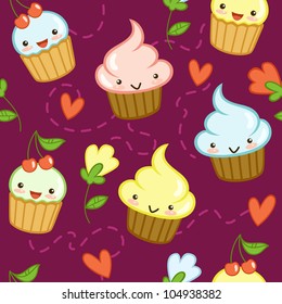 Seamless pattern with cute cupcakes, flowers and hearts. Vector illustration
