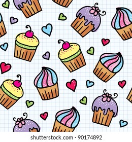 seamless pattern with cute cupcakes, hand drawn illustration