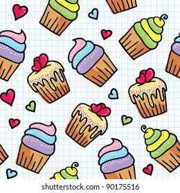 seamless pattern with cute cupcakes, hand drawn illustration