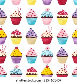 Patrón sin foco con quequitos adorables sobre fondo blanco en estilo plano de dibujos animados