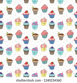 Seamless pattern with cute cupcakes. Vector illustration.