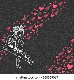 Seamless pattern with cute cupid, hearts and arrow. Holiday background. Happy St. Valentine's Day. 