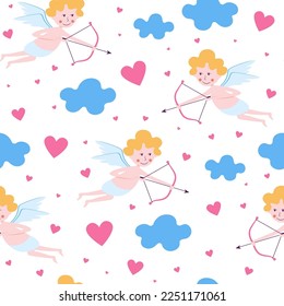 Seamless pattern with cute cupids and arrows