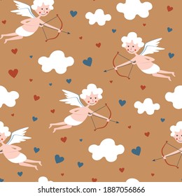 Seamless pattern with cute cupids, clouds, hearts. Valentine's Day pattern.