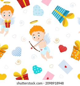 Seamless pattern with cute cupids, hearts and gifts. Pattern with angels for printing on fabric, decorative paper, gift wrapping.