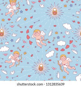 Seamless pattern with cute cupids for Valentine's day or wedding.Vector colored illustration isolated on blue background.
