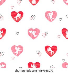 Seamless pattern with cute Cupids and watercolor hearts. Valentines Day vector design.
