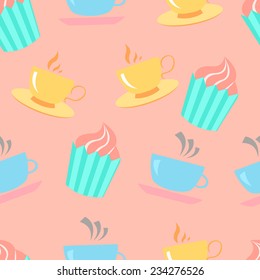 Seamless pattern with cute cups and cakes 