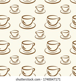 Seamless pattern with cute cups of coffee. Vector illustrattion background for design menu cafe, bistro, restaurant, label, packaging, textile, scrapbooking paper, wallpaper.