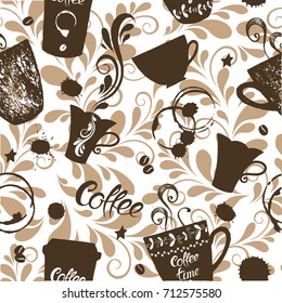 Seamless pattern with cute cups of coffee and spots, vector illustration.