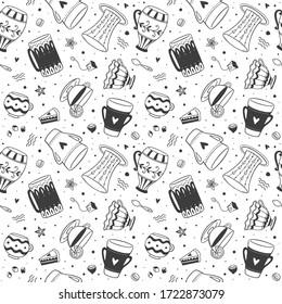 Seamless pattern of cute cups, desserts, sweets. Background for wallpapers, prints, menus and posters. Black and white decorative doodles. Isolated on a white background. Vector, eps 10