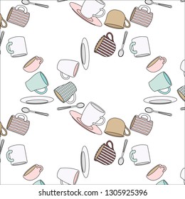 Seamless pattern with cute cups. Flat design. Vector pattern.