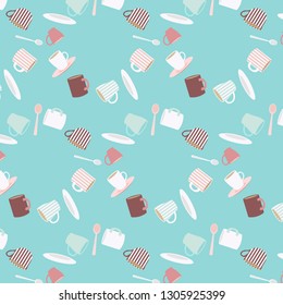 Seamless pattern with cute cups. Flat design. Vector pattern.