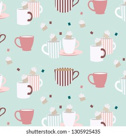 Seamless pattern with cute cups. Flat design. Vector pattern.