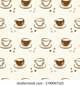 Seamless pattern with cute cups of fresh coffee. Vector illustration, background for design menu cafe, bistro, restaurant, label, packaging, textile, scrapbooking paper.